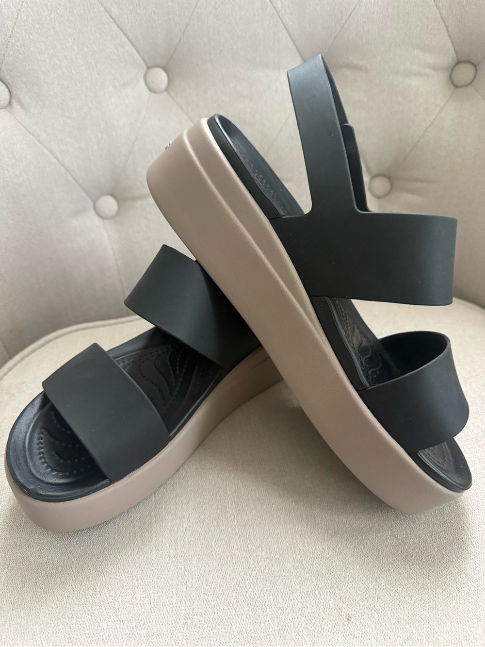 CROCS Black Strappy Platform Sandals with Tan Sole
